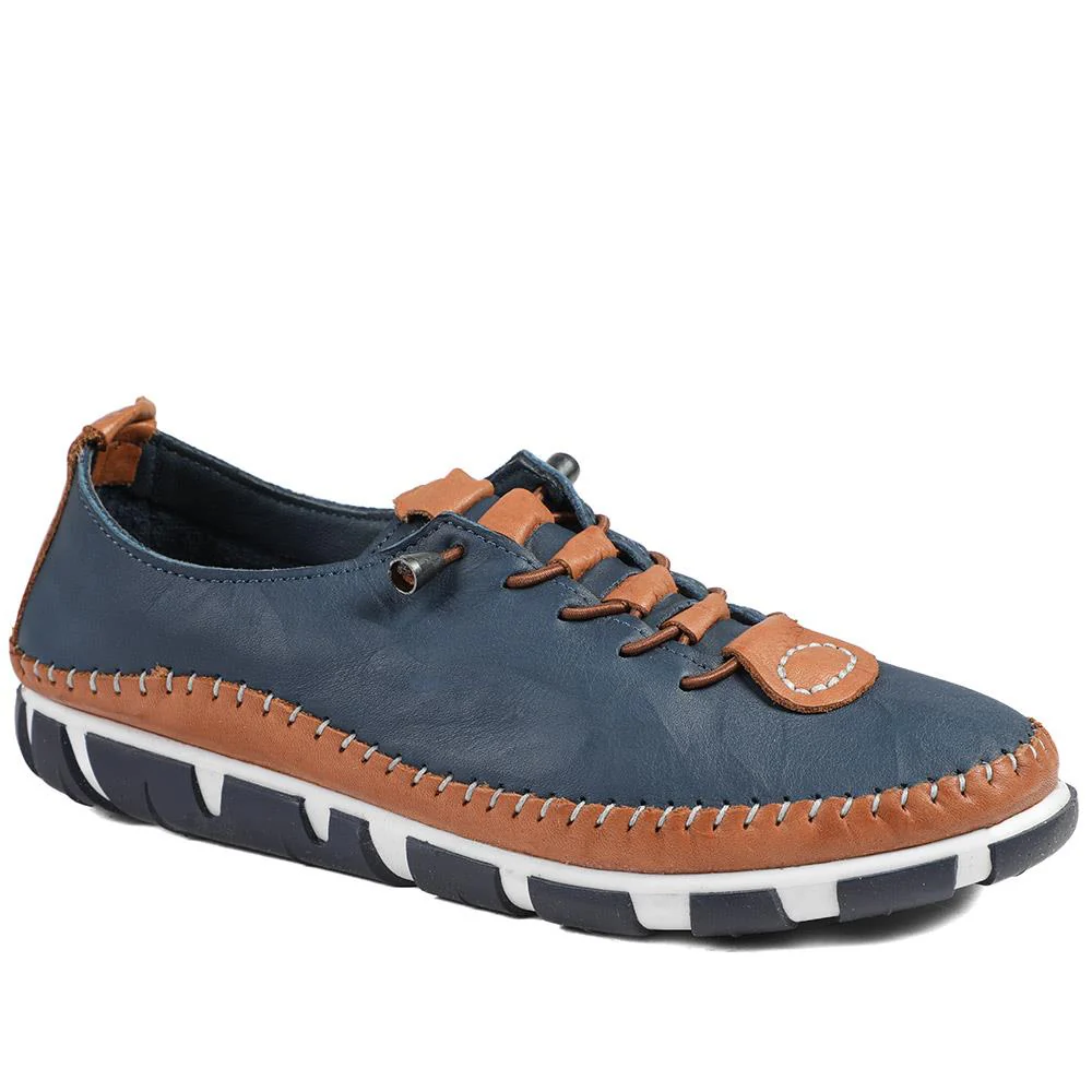 All Leather Lace Up Stitch Detail Shoes - GOKH43006 / 329 151 - Navy Tan