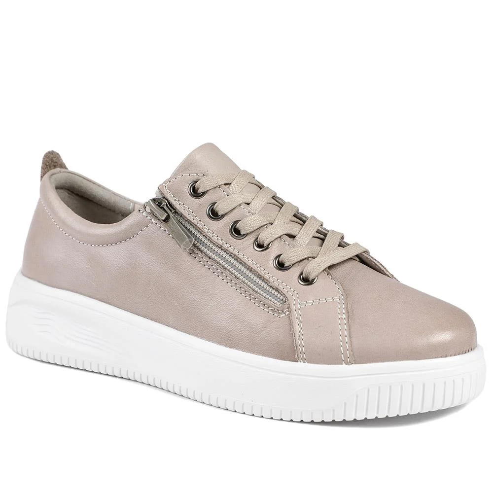 Anara Zip & Lace Leather Trainers - ANARA / 329 010 - Stone