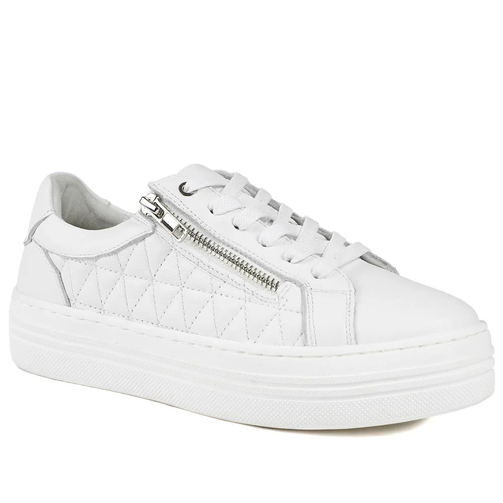Arianna Quilted Leather Zip & Lace Trainers - ARRIANA / 329 009 - White Leather