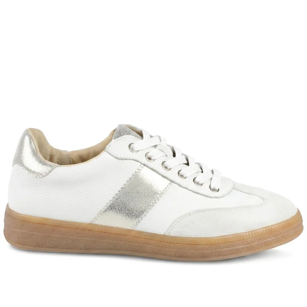 Belloza Leather Lace Up Trainers - BELLOZA / 329 272 - White-Gold - Image 2