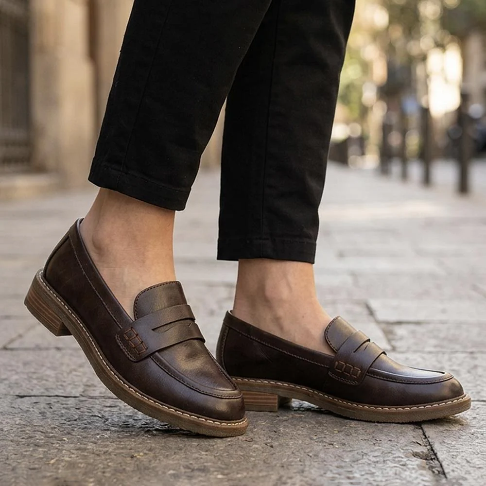 Block Heel Slip On Penny Loafers - WBINS44029 / 329 613 - Chocolate - Image 2