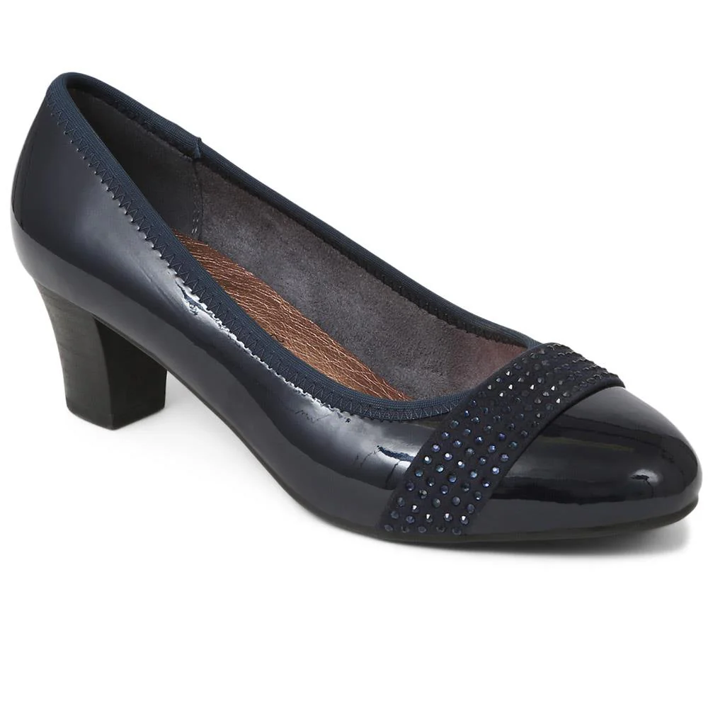 Wide Fit Block-Heeled Court Shoes - PLAN39009 / 325 527 - Navy Patent