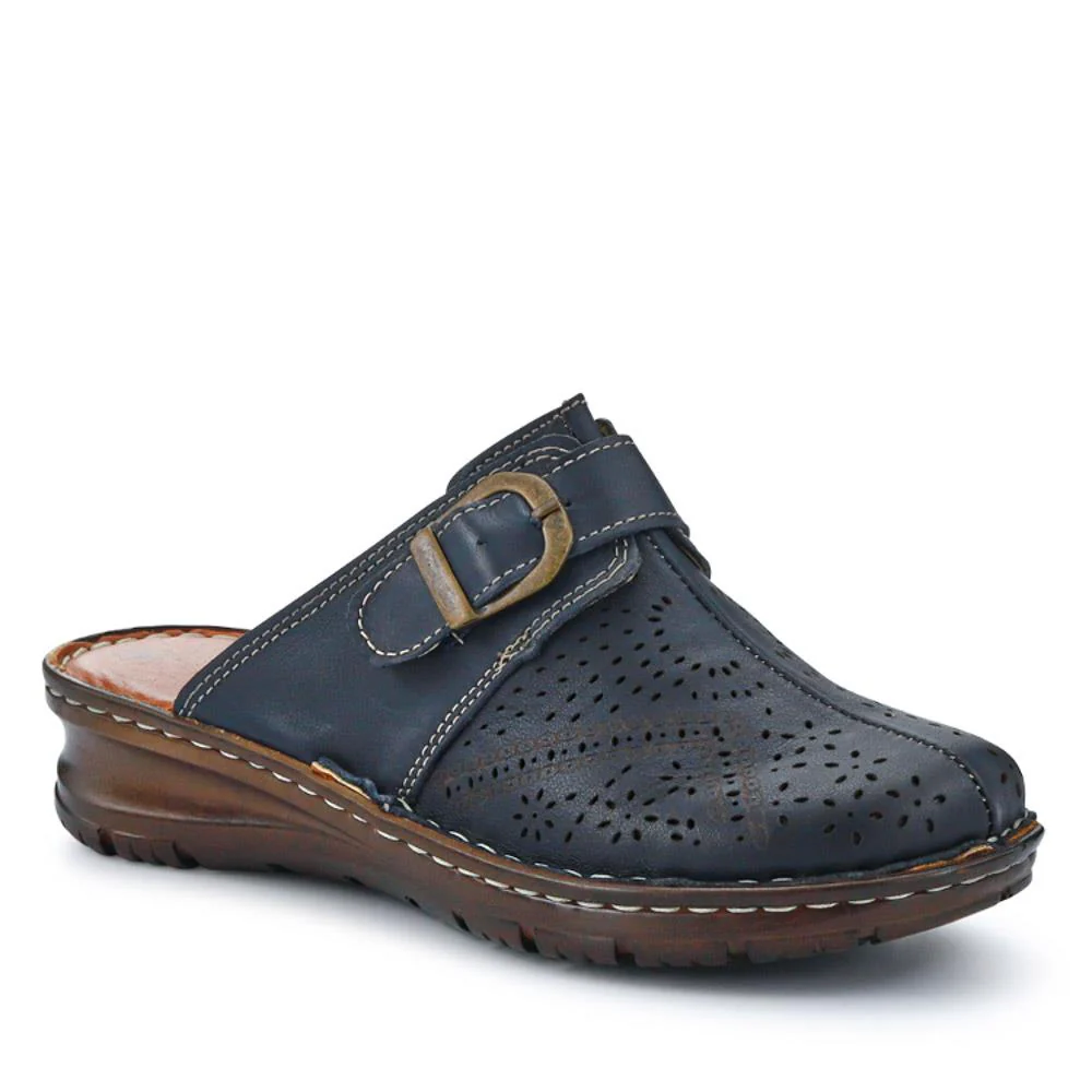 Breathable Leather Buckled Mules - HAK41010 / 327 464 - Navy