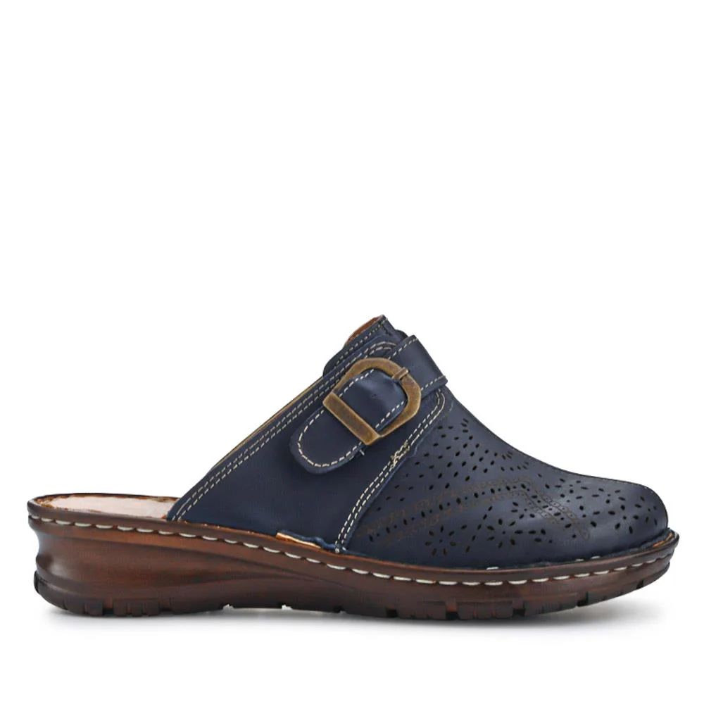 Breathable Leather Buckled Mules - HAK41010 / 327 464 - Navy - Image 2