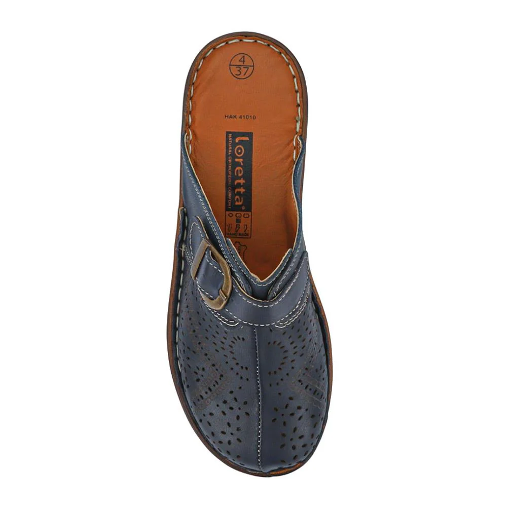 Breathable Leather Buckled Mules - HAK41010 / 327 464 - Navy - Image 4
