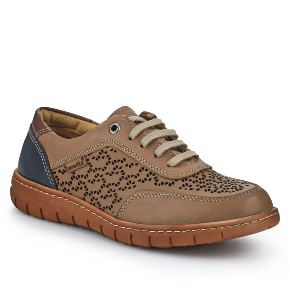Breathable Leather Lace-Up Trainers - HAK41001 / 327 430 - Taupe Multi
