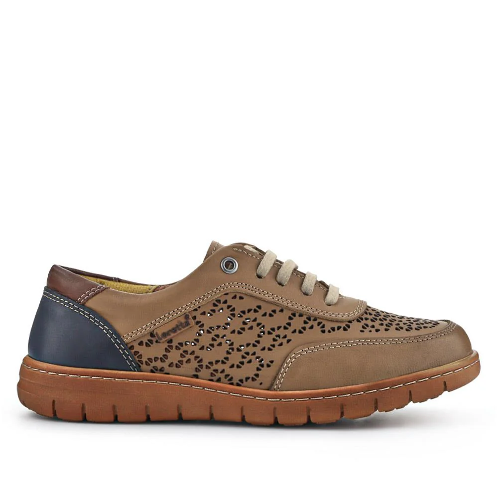 Breathable Leather Lace-Up Trainers - HAK41001 / 327 430 - Taupe Multi - Image 2