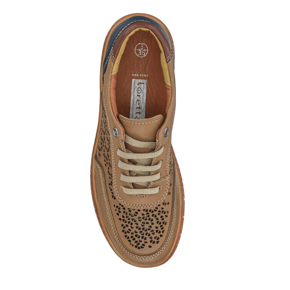 Breathable Leather Lace-Up Trainers - HAK41001 / 327 430 - Taupe Multi - Image 4
