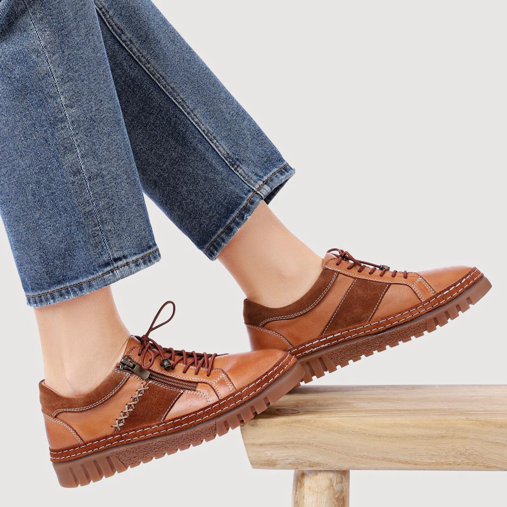 Wide Fit Casual Leather Lace-Up Shoes - VITAS42000 / 328 496 - Tan - Image 5