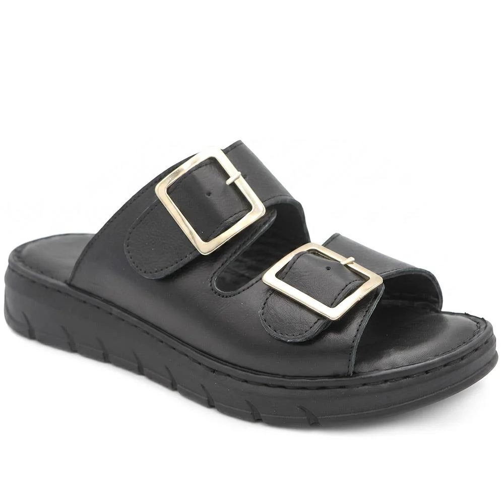 Dual Buckled Leather Chunky Mule Sandals - GOKH43001 / 329 421 - Black