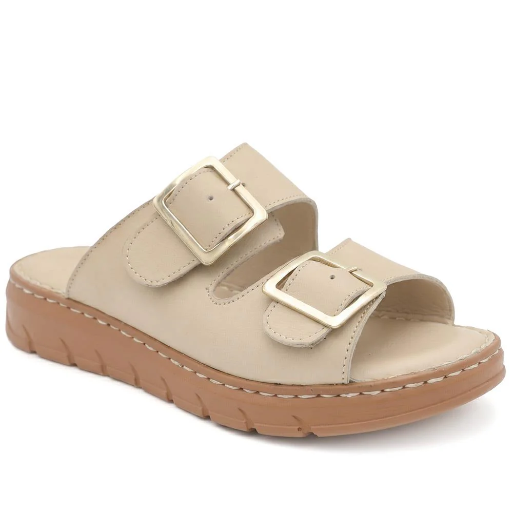 Dual Buckled Leather Chunky Mule Sandals - GOKH43001 / 329 421 - Beige
