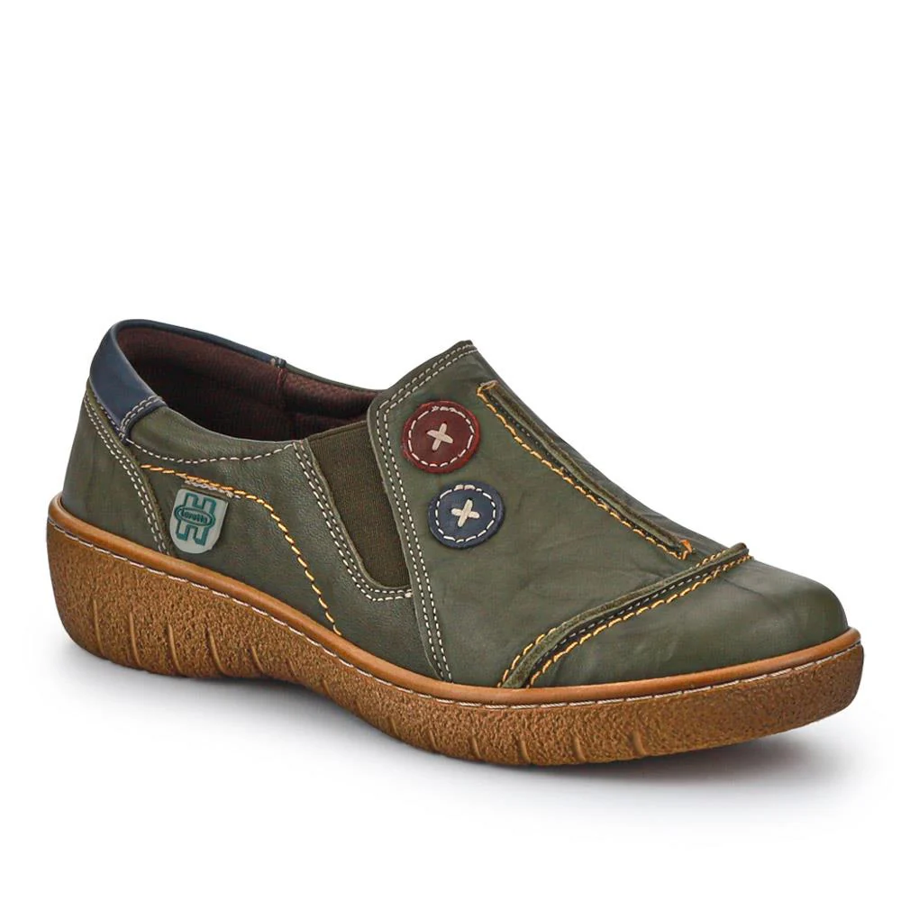 Elasticated Leather Slip-On Shoes - HAK41008 / 327 435 - Khaki