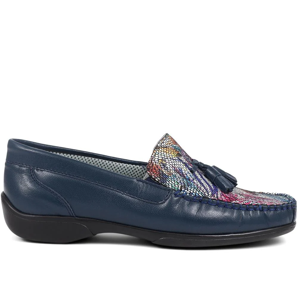 Embroided Panel Leather Loafers - CONT39001 / 325 241 - Navy Multi - Image 2