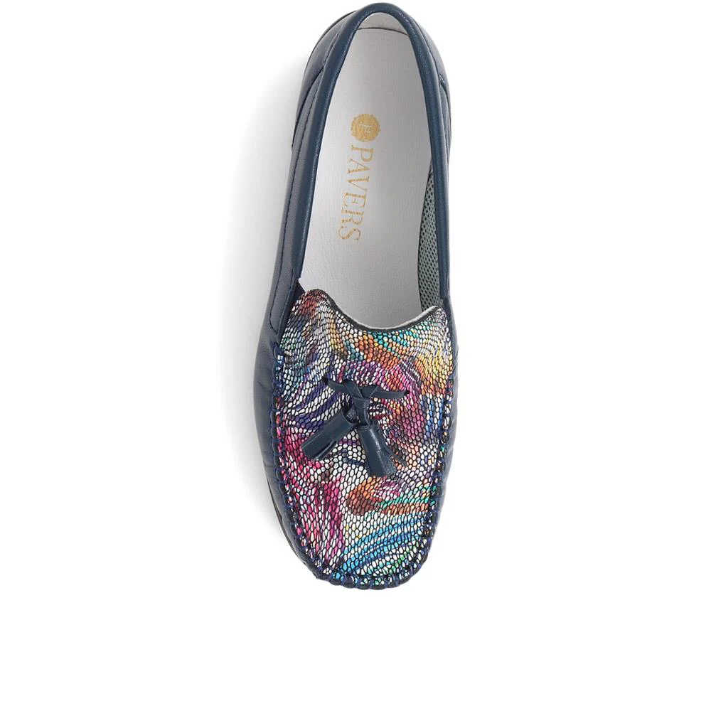 Embroided Panel Leather Loafers - CONT39001 / 325 241 - Navy Multi - Image 4