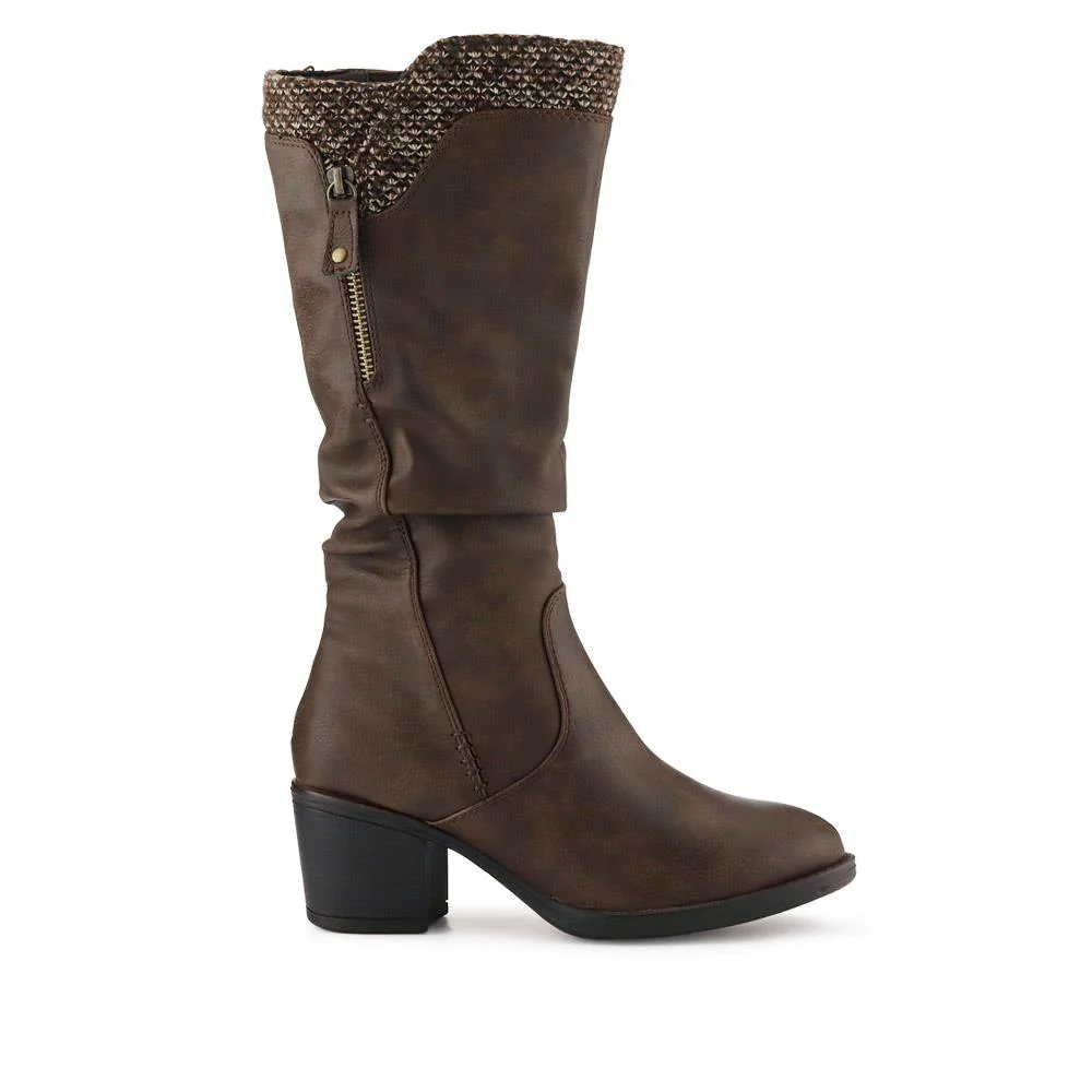 Fabric-Cuff Block-Heeled Long Boots - WOIL40025 / 326 605 - Brown - Image 2