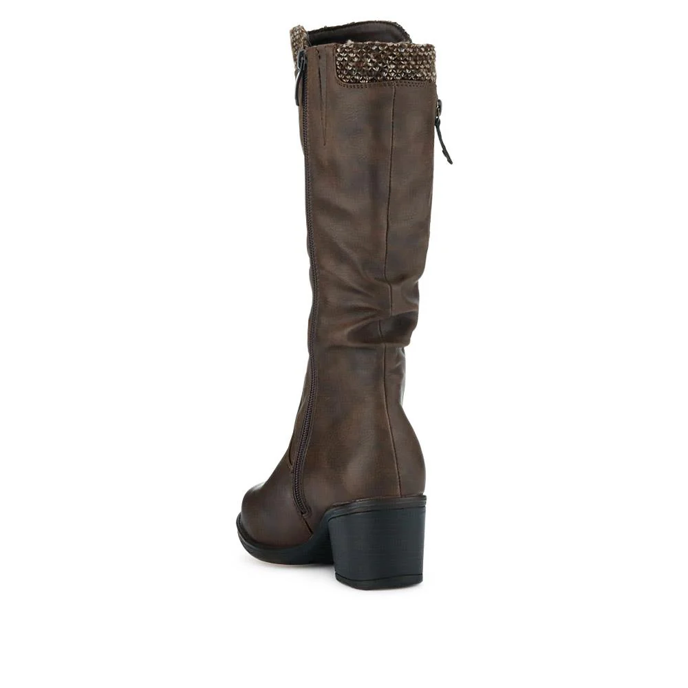 Fabric-Cuff Block-Heeled Long Boots - WOIL40025 / 326 605 - Brown - Image 3