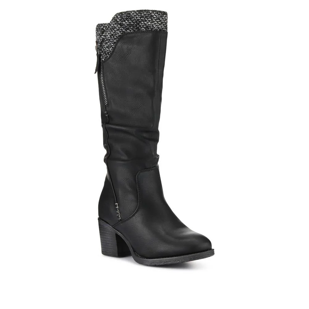 Fabric-Cuff Block-Heeled Long Boots - WOIL40025 / 326 605 - Black