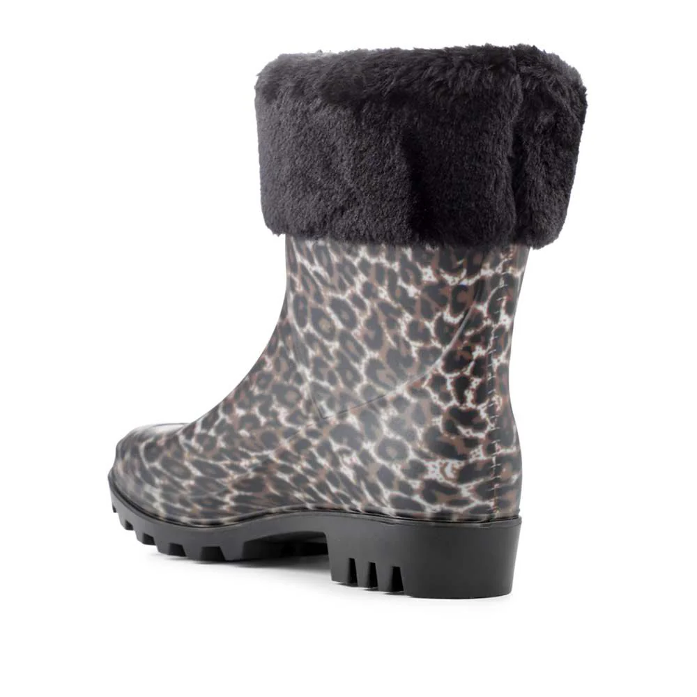 Fur Cuff Warm Lined Ankle Wellies - BELFEI42003 / 328 460 - Leopard - Image 3