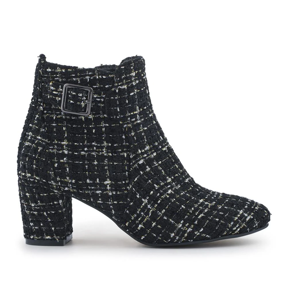 Patterned Block Heel Buckle Ankle Boots - WBINS38090 / 324 214 - Black Tweed - Image 2