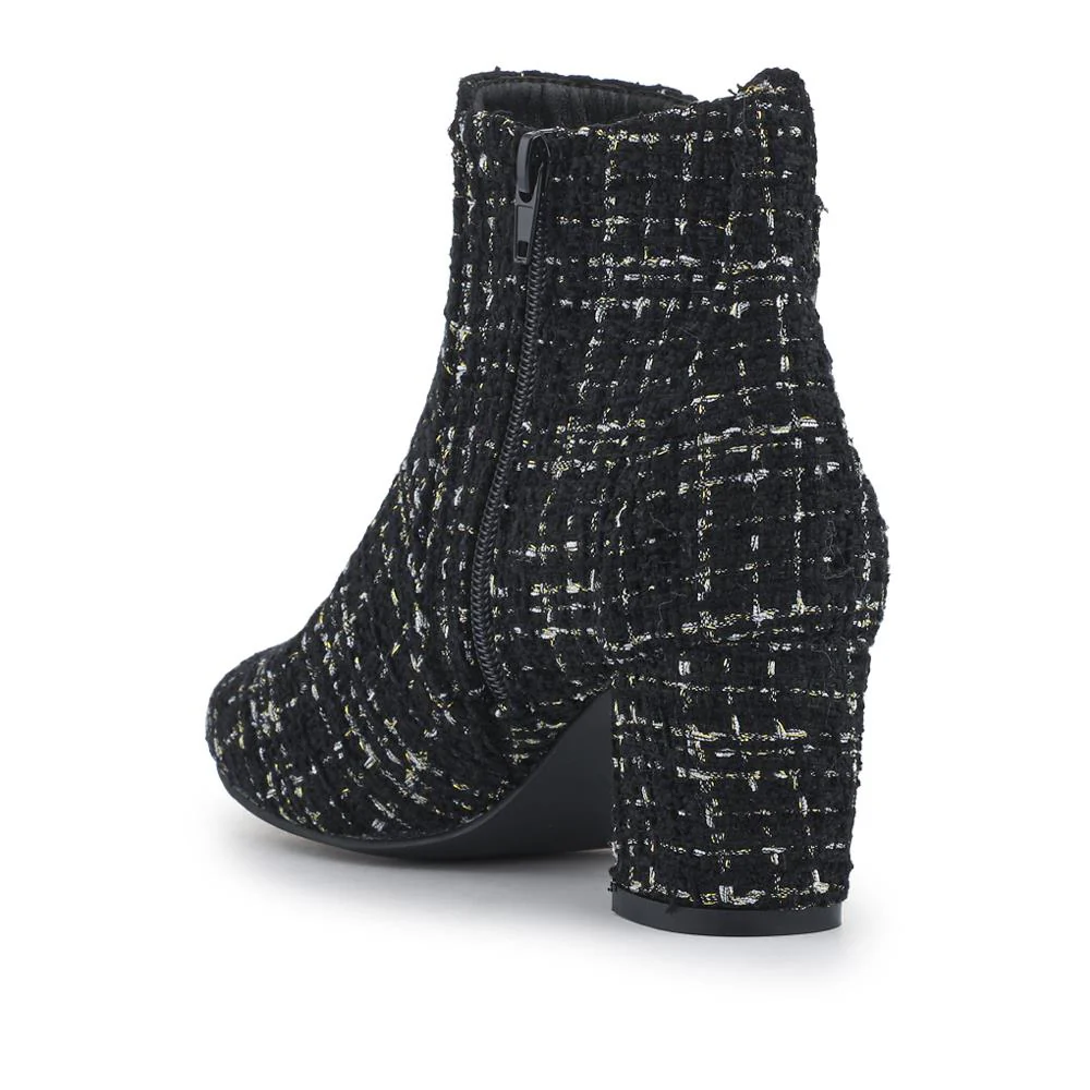 Patterned Block Heel Buckle Ankle Boots - WBINS38090 / 324 214 - Black Tweed - Image 3