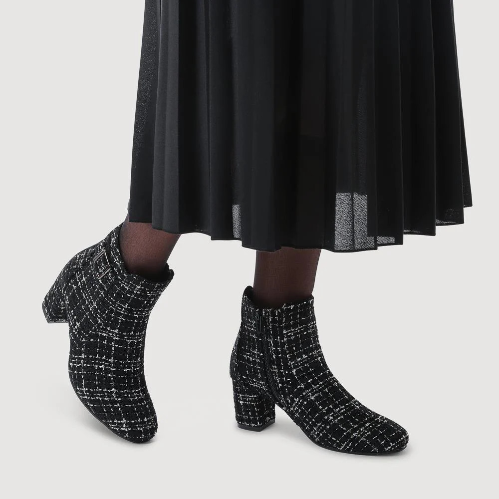 Patterned Block Heel Buckle Ankle Boots - WBINS38090 / 324 214 - Black Tweed - Image 5