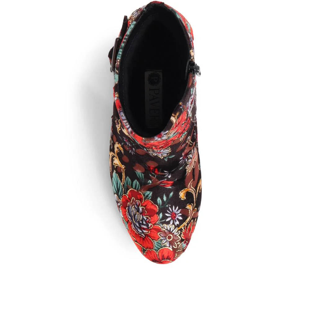Patterned Block Heel Buckle Ankle Boots - WBINS38090 / 324 214 - Floral - Image 5
