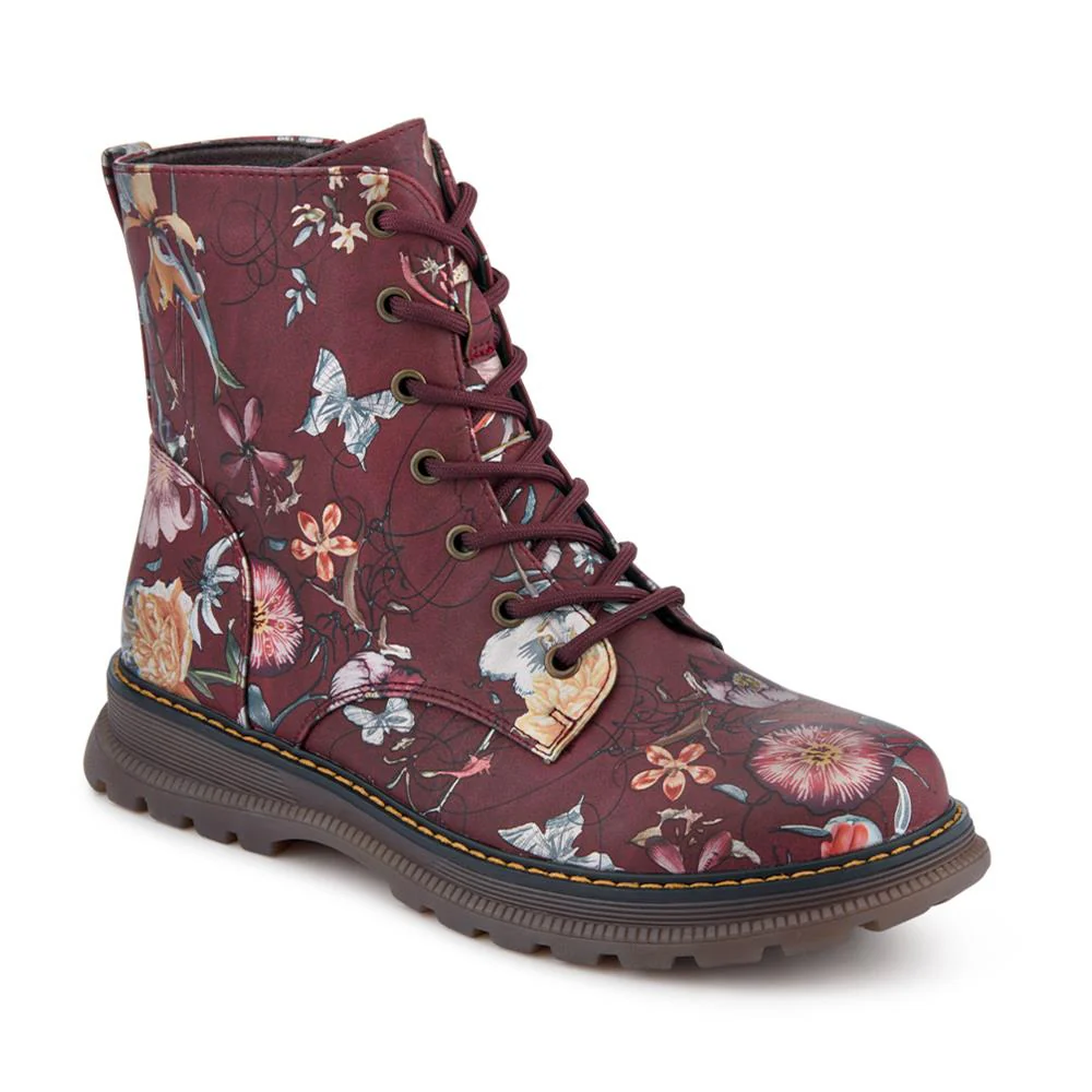 Lace-Up Floral Boots - PINYI40011 / 326 033 - Burgundy Floral