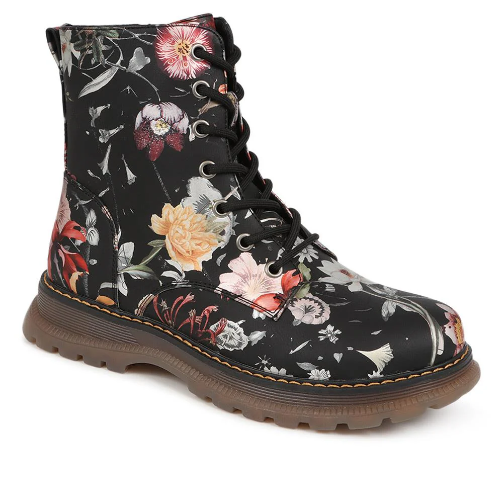 Lace-Up Floral Boots - PINYI40011 / 326 033 - Black Floral