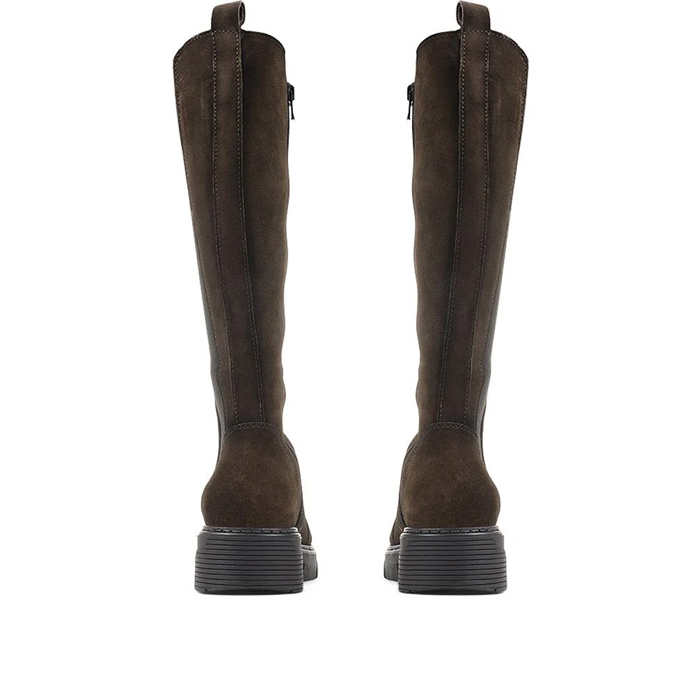 Leather Chunky Knee-High Boots - BUG36511 / 322 885 - Khaki - Image 3