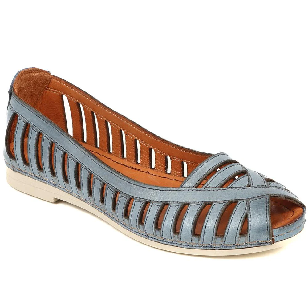 Leather Open-Toe Ballet Flats - KARY39019 / 325 502 - Denim