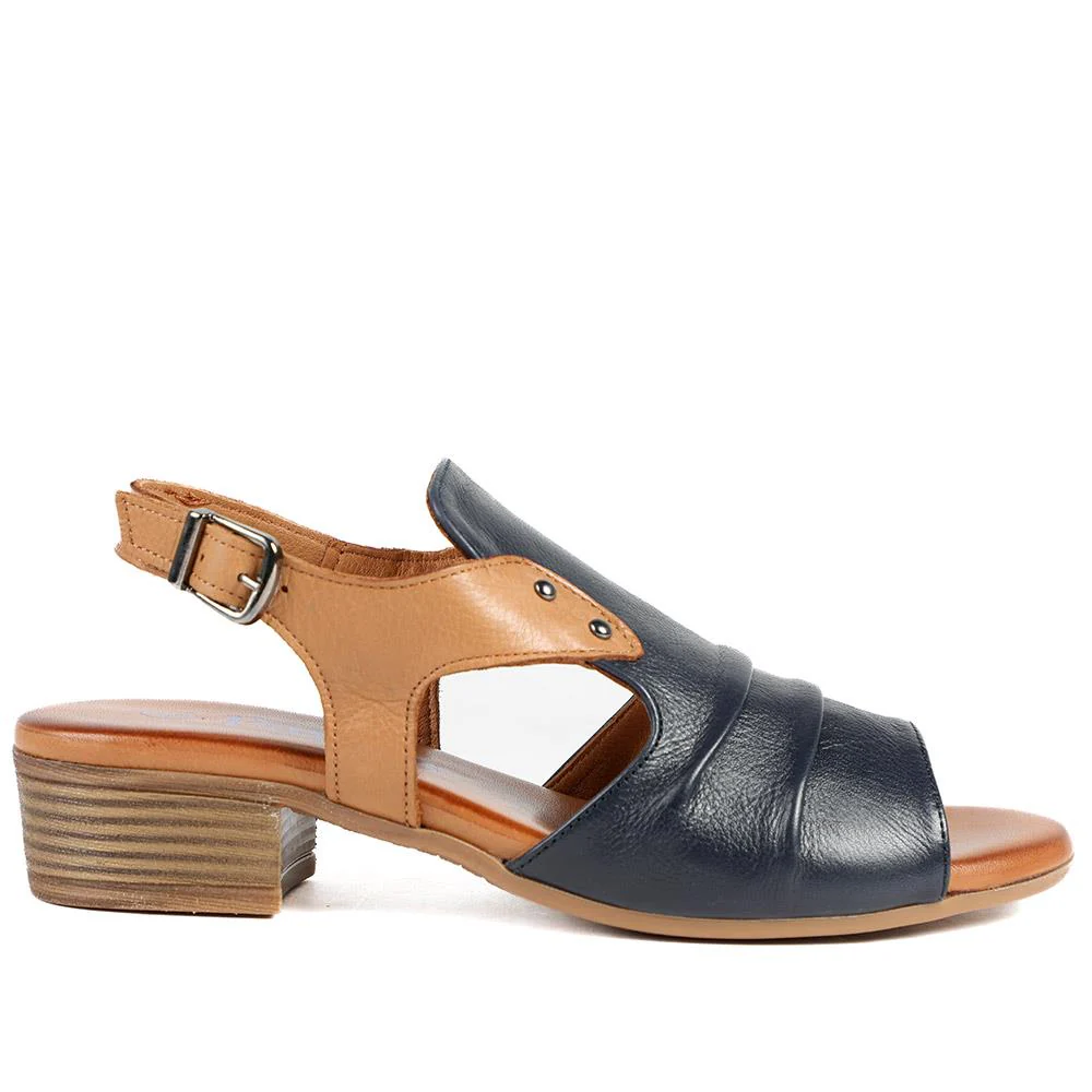Leather Two Tone Block Heel Sandals - AZURA43007 / 329 125 - Navy Tan - Image 3