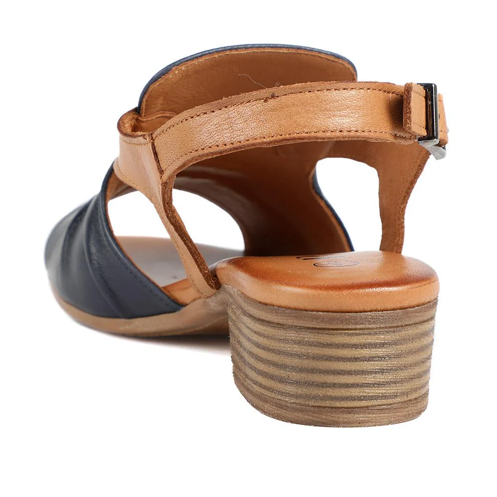 Leather Two Tone Block Heel Sandals - AZURA43007 / 329 125 - Navy Tan - Image 4