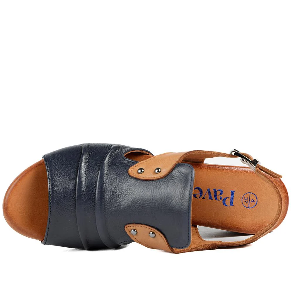 Leather Two Tone Block Heel Sandals - AZURA43007 / 329 125 - Navy Tan - Image 5