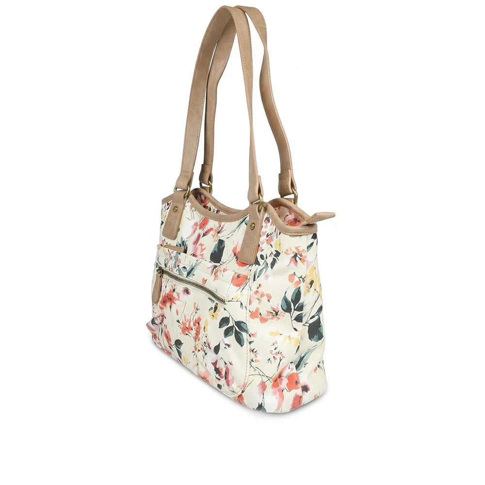 Multi Zip Floral Shoulder Bag - WAHT43006 / 329 344 - BEIGE FLORAL - Image 3