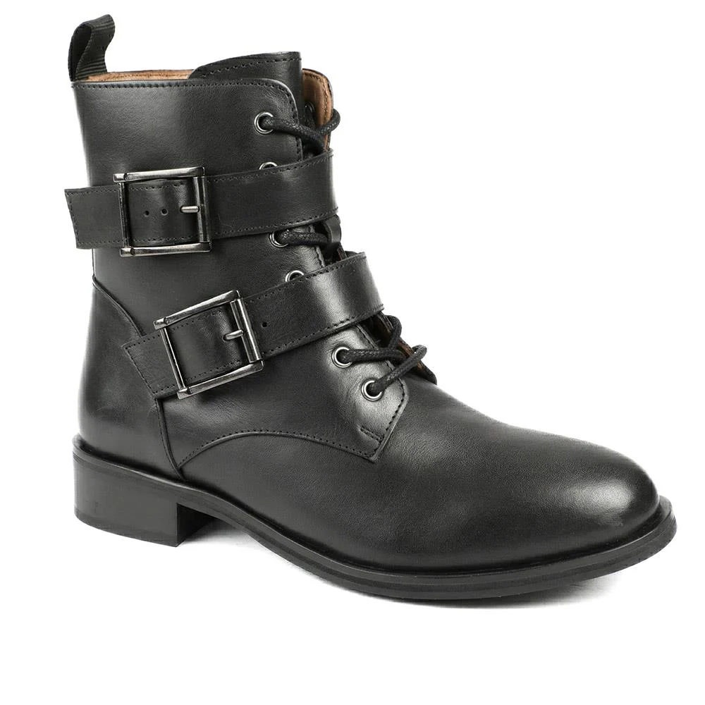 Naya Leather Dual Buckle Lace Up Boots - NAYA / 329 405 - Black Leather