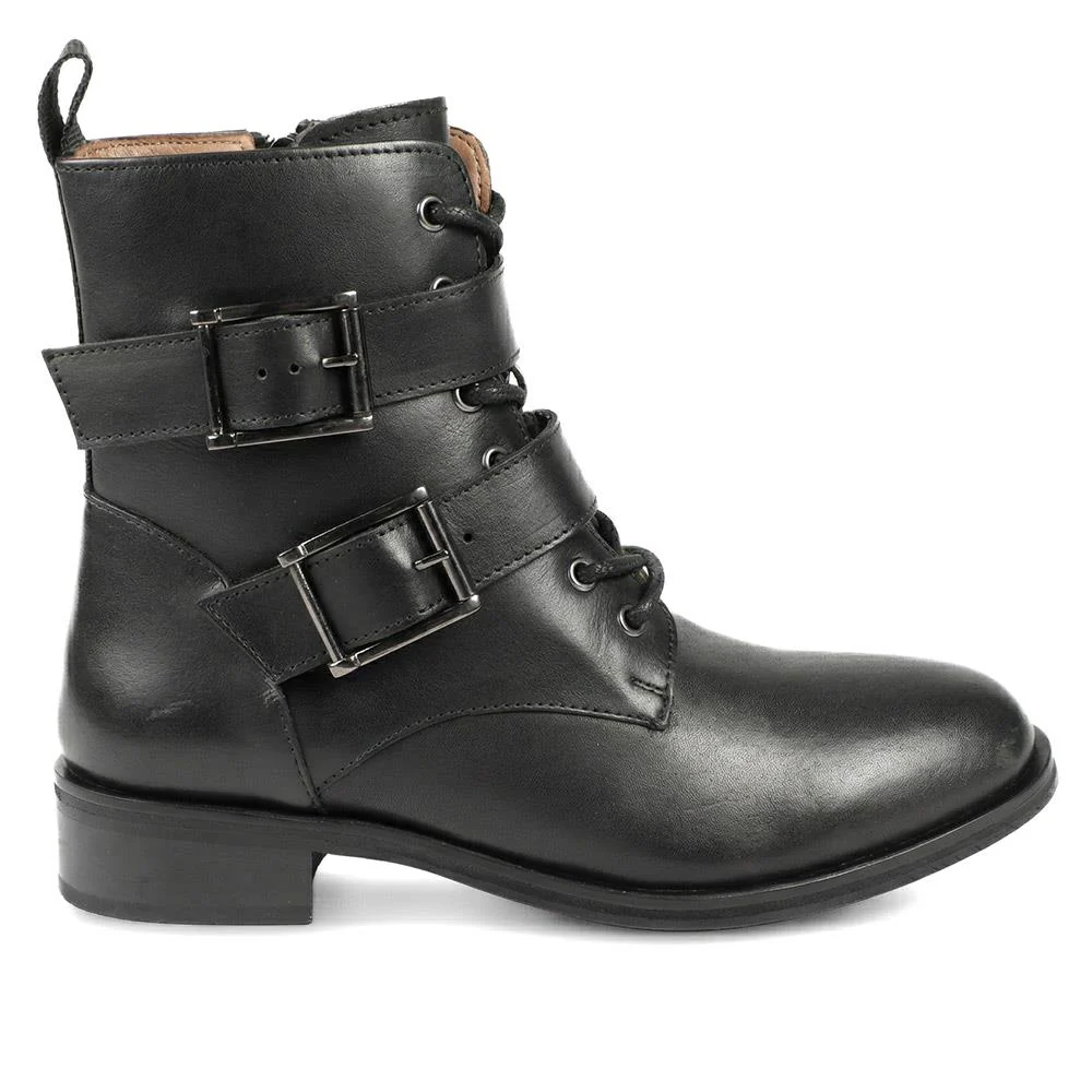Naya Leather Dual Buckle Lace Up Boots - NAYA / 329 405 - Black Leather - Image 2