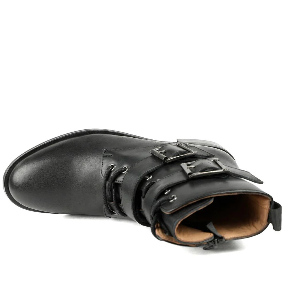 Naya Leather Dual Buckle Lace Up Boots - NAYA / 329 405 - Black Leather - Image 4