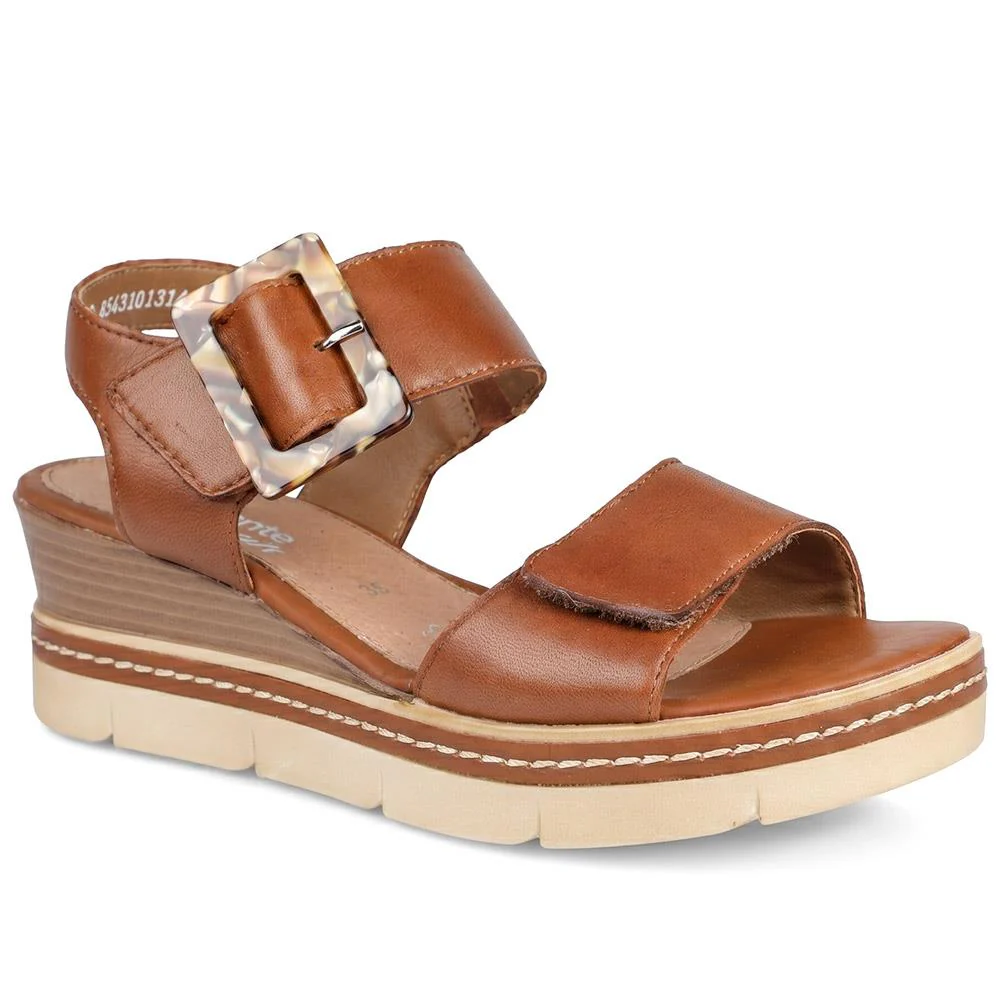 Remonte Dual Fasten Leather Wedge Heel Sandals - DRS43512 / 329 363 - Tan