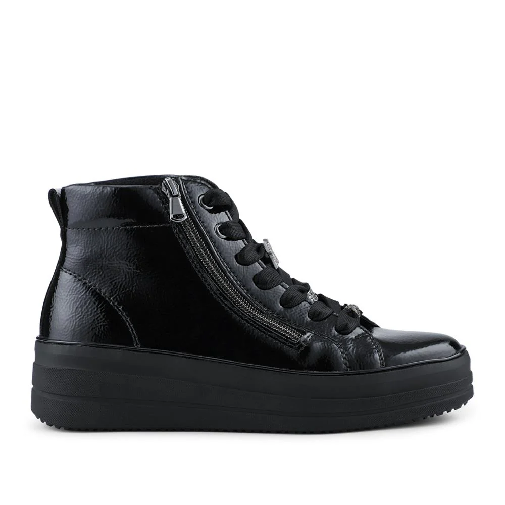 Remonte Leather Zip & Lace Hi-Top Trainers - DRS42506 / 327 737 - Black Patent - Image 2