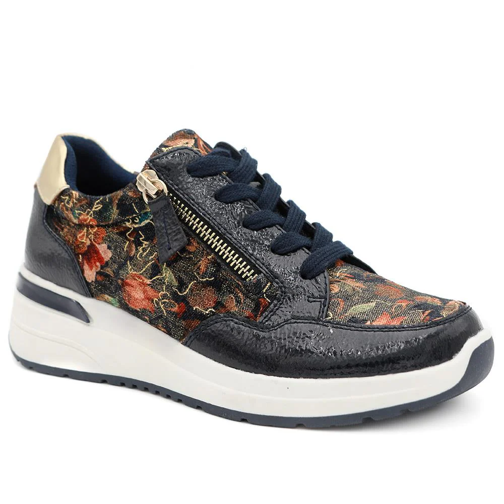 Stylish Zip & Lace Wedge Trainers - WBINS44050 / 329 621 - Navy Patent