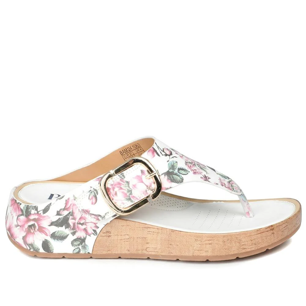 Touch Fasten Buckled Toe Post Sandals - BAIZH41063 / 327 617 - White Floral - Image 2