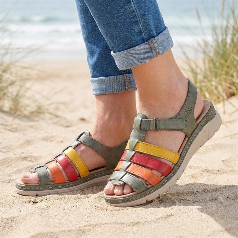 Fly Flot Touch Fasten Leather Sandals - CAL39020 / 325 263 - Green-Multi - Image 2