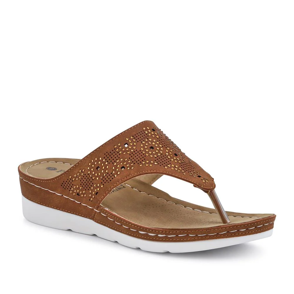 Wedge-Heeled Toe-Post Sandals - PINYI41008 / 327 214 - Tan