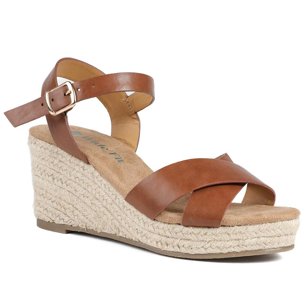 Wide Fit Espadrille Wedge Sandals - WBINS37095W / 329 258 - Tan