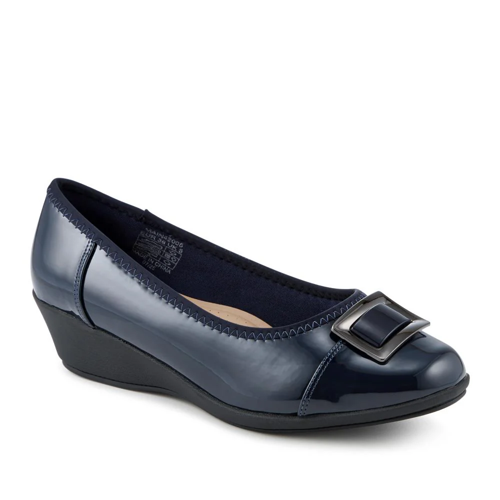 Wide Fit Flexible Wedge Heel Slip On Shoes - MAIN42005 / 328 561 - Navy Patent