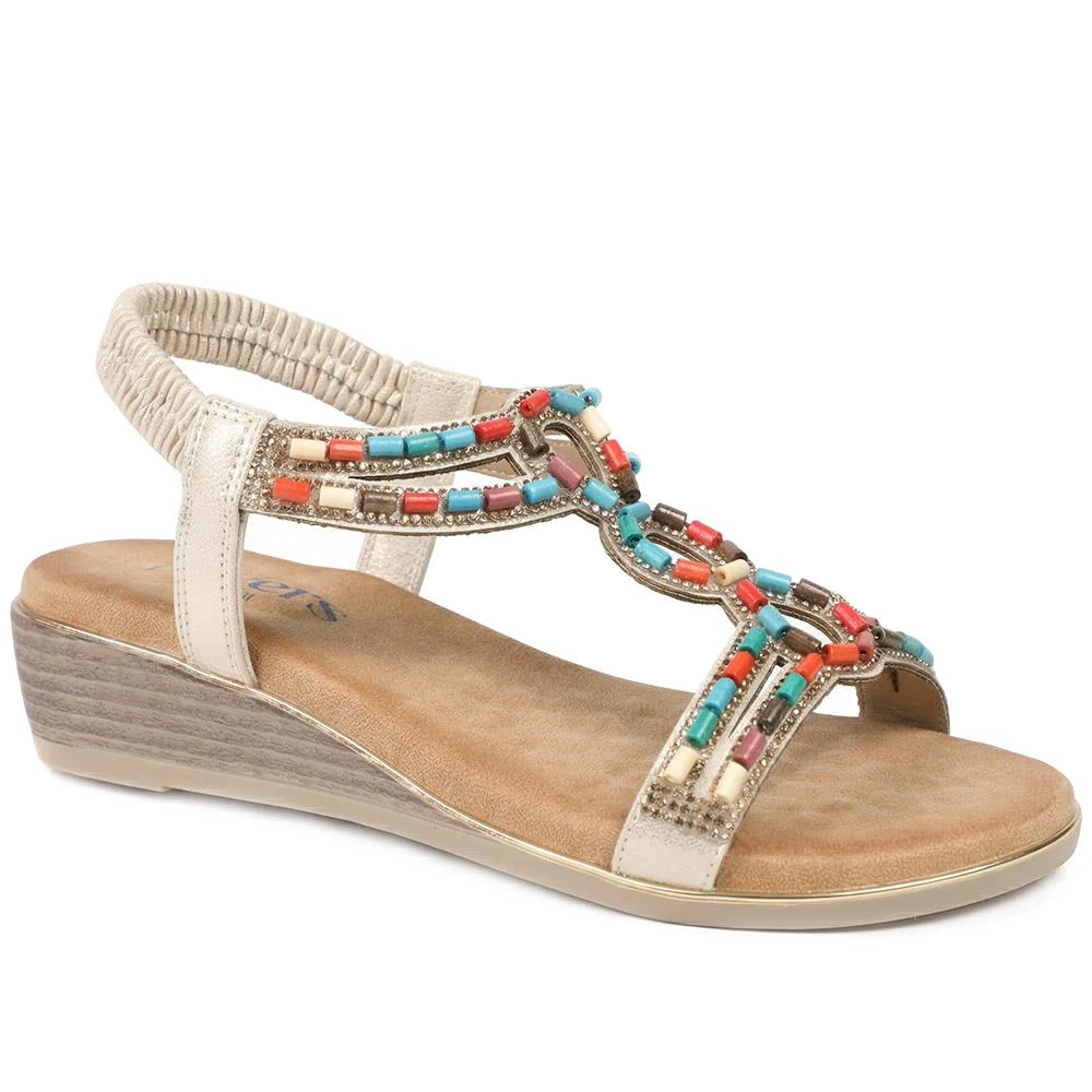 Wide Fit Jewelled Elastic Fit Sandals - BAIZH43048 / 329 372 - Soft Gold