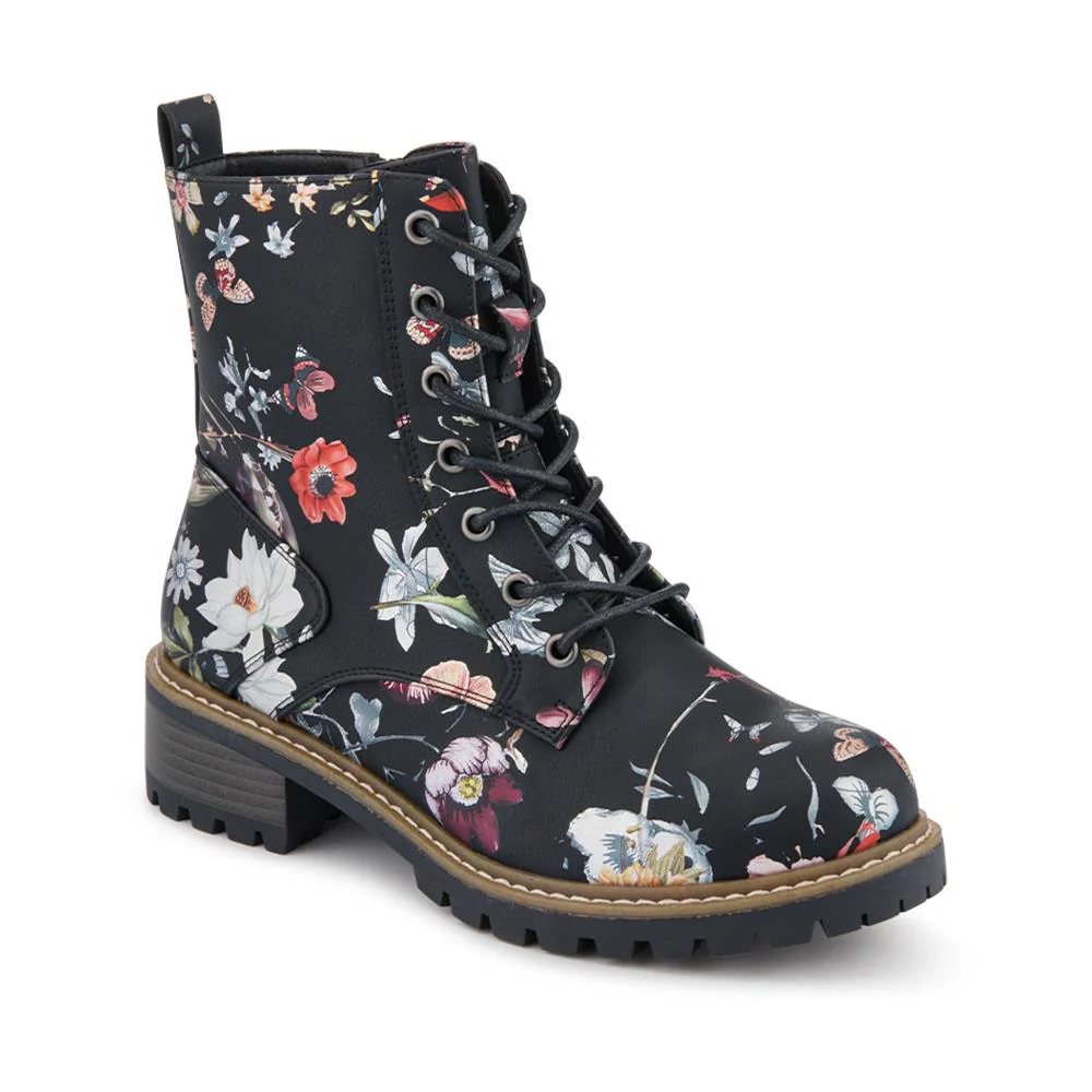 Wide Fit Lace Up Ankle Boots - PINYI42009 / 328 218 - Black Floral