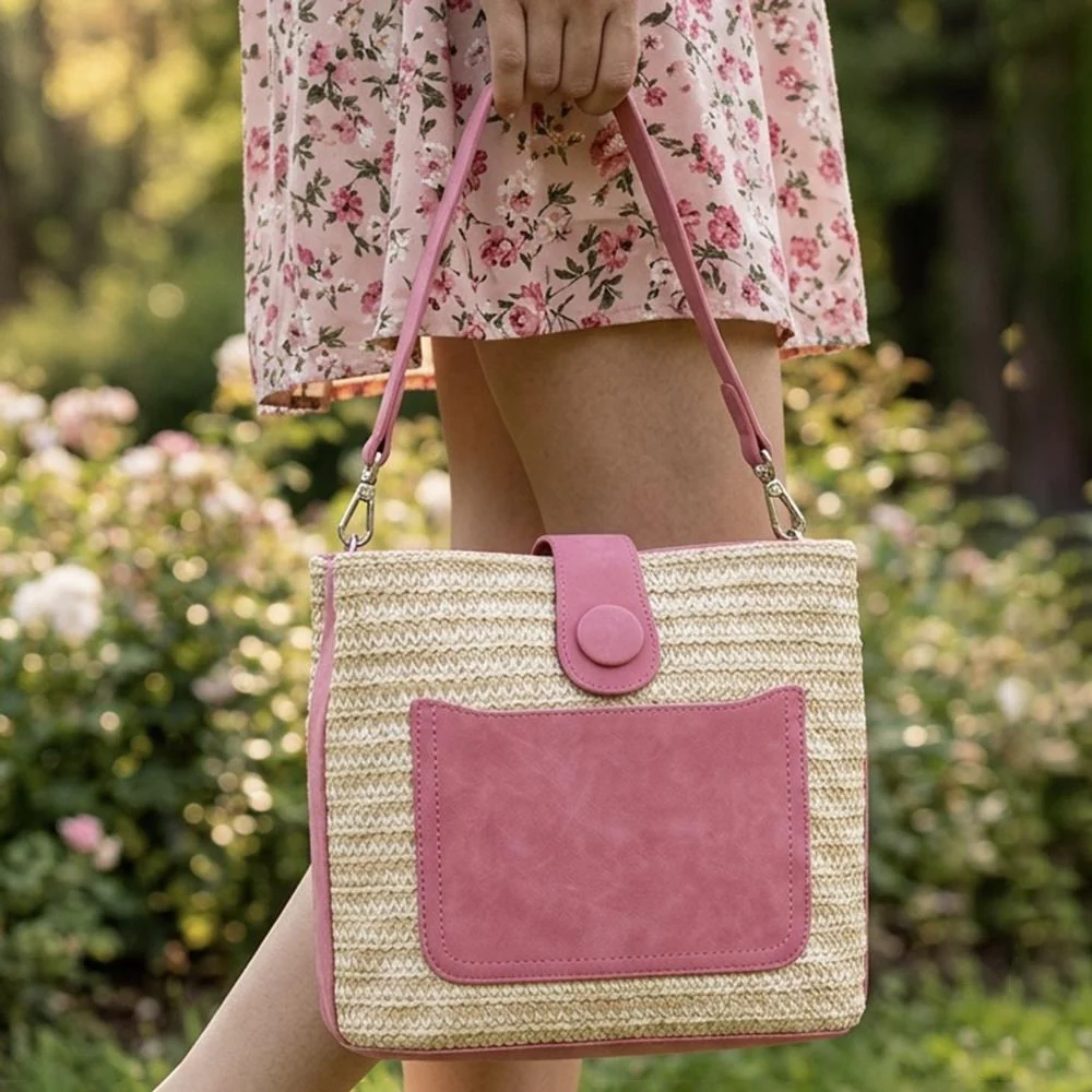 Woven Shoulder Bag with Faux Leather Trim - RIM43000 / 329 297 - Pink - Image 2